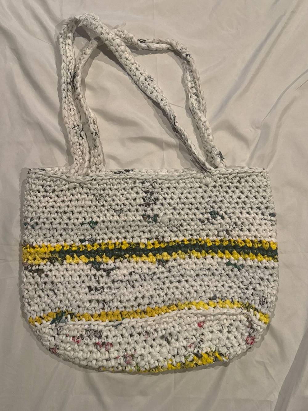 Handmade Crocheted Tote Bag Recycled Plastic Bags White & Yellow ECO - Friendly